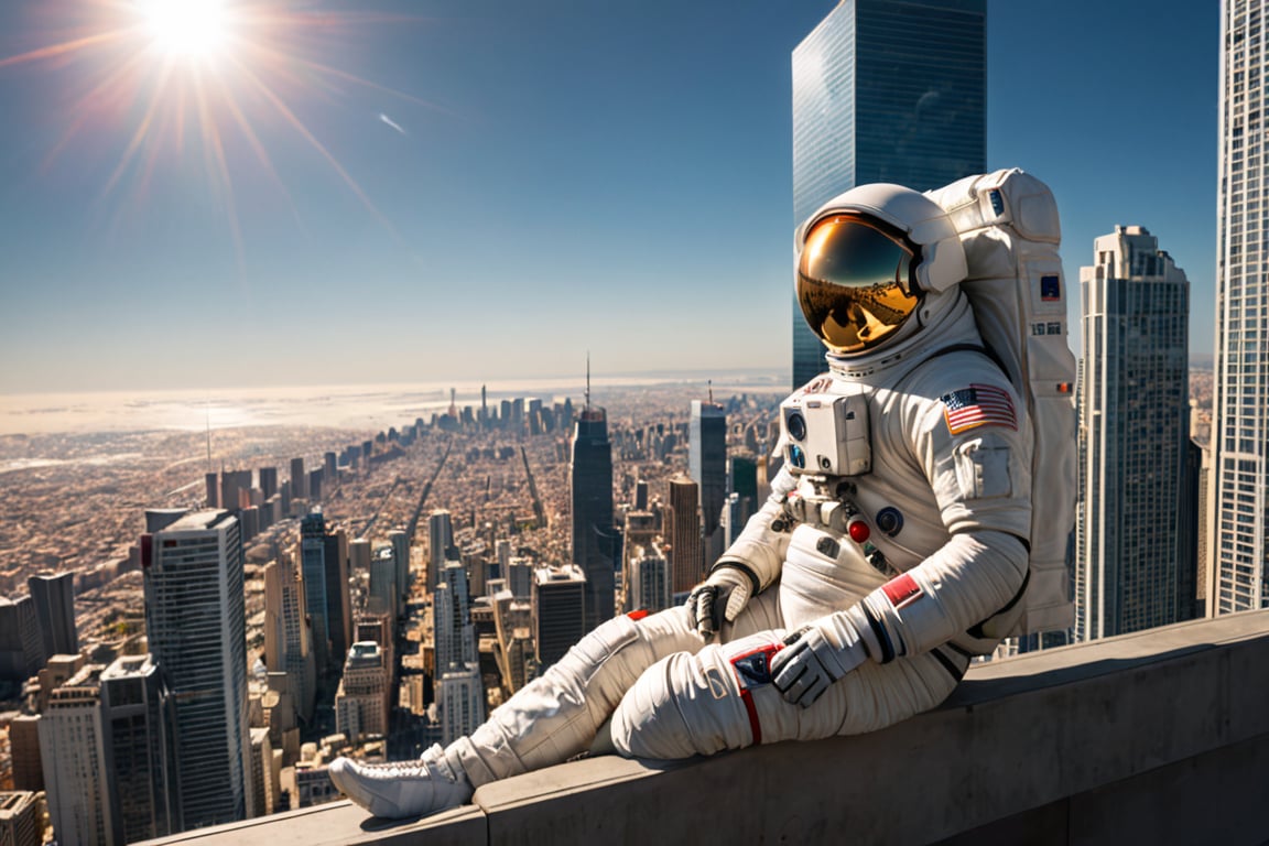 (otherworldly), highly insanely detailed, masterpiece, top quality, best quality, highres, 4k, 8k, RAW photo, (very aesthetic, beautiful and aesthetic),
Under the blazing sun, a GIANT astronaut, heighs 50m,  sits casually on Skyscraper, gazing towards the moon in the sky above. Below, people continue their daily activities, seemingly unaware of the monumental scene unfolding above them.