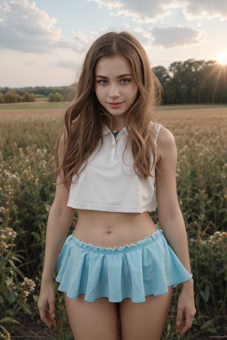 A sun-kissed cowboy shot of a well-proportioned tween girl standing confidently in the open field, her full body framing the scenery. A flowing skirt flows around her legs, contrasting with her bright blue cropped top. The subtle peak of her panties adds a touch of innocence. Her pose exudes self-assurance, gazing directly at the camera with a gentle smile.