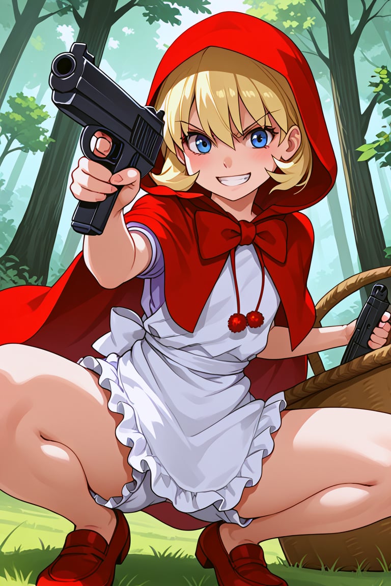 1girl, solo,  anime screencap, mature female,score_9,blush,forest,
source_anime,flat_chest,BULLETA,blonde hair,blue eyes
clothes:little red riding hood (grimm) (cosplay),red dress,red hood,red capelet,apron,white bloomers,HOLDING HANDGUN, AIMING,TURKISH KILLER POSE,smile,open mouth,grin,holding basket,aiming at viewer,gun,perspective,squatting,spread legs,looking_at_viewer,