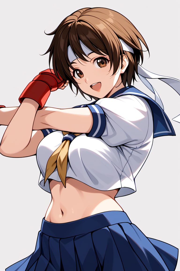 1girl, solo, mature female,score_9,looking_at_viewer,cross-body stretch, stretching,sakura kasugano, brown eyes, brown hair, short hair, mature female, blue skirt, crop top, headband, midriff, miniskirt, navel, sailor collar, school uniform, short sleeves, skirt, stomach, shirt, white shirt, white headband, gloves, red gloves,smile,open mouth,cowboy shot,open stance,standing,dynamic angle,
