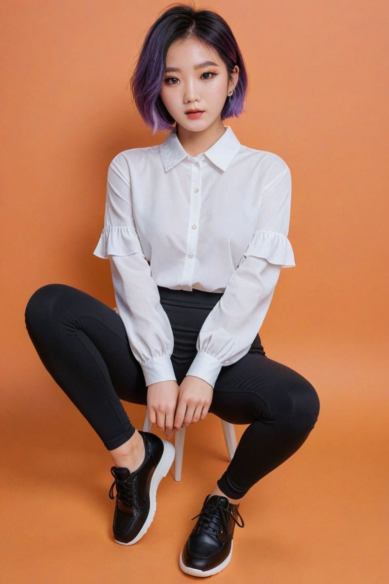 22-year-old Korean girl, short dyed purple hair, black eyes, dressed in a white blouse, black leggings, black shoes, Instagram influencer, is in a photo section with an orange background