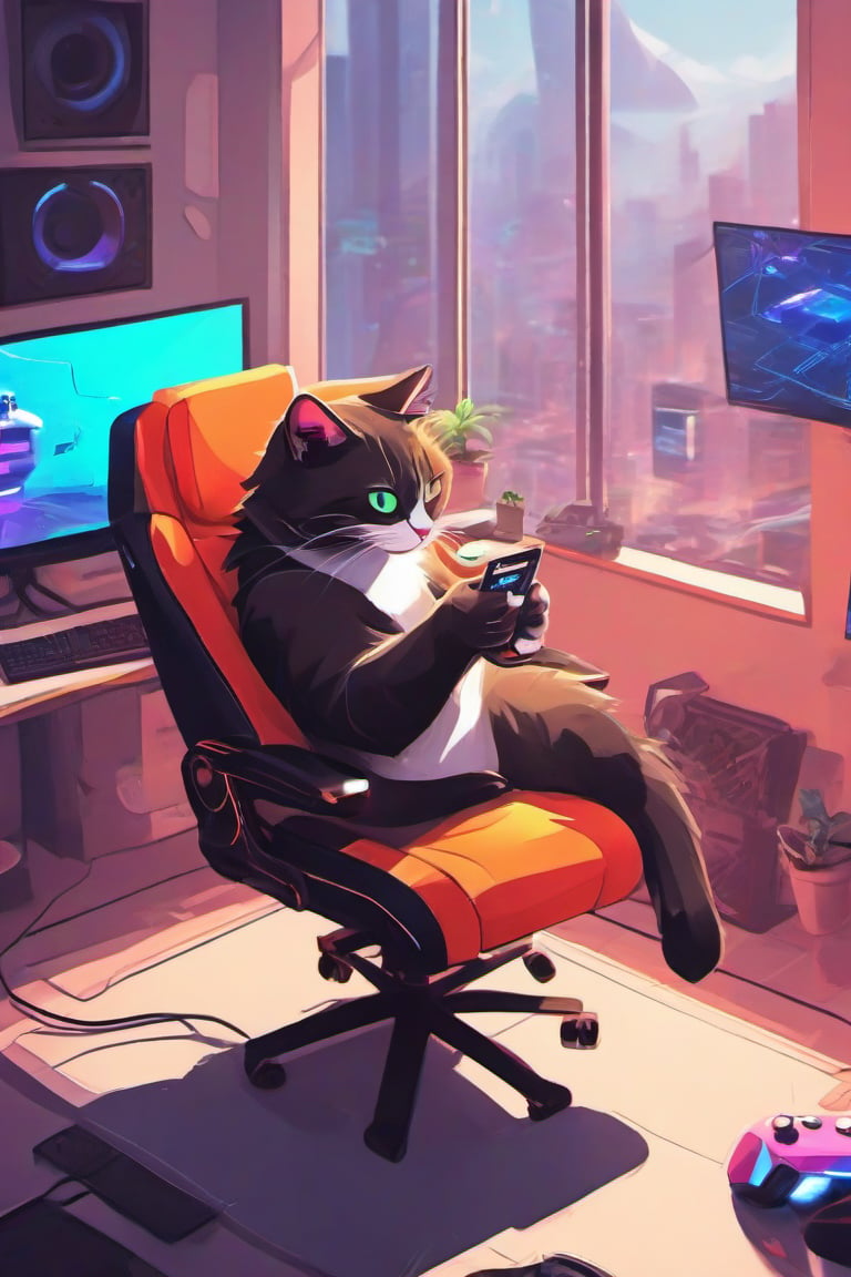 Lazy cat "A cat lying on a gaming chair, looking at a screen. The setting is a personal gaming room filled with esports ambiance. The room has RGB lighting, and various gaming accessories like a mechanical keyboard, gaming mouse, and headphones. The cat is relaxed, with its paws stretched out, and the screen shows a game in progress. The overall atmosphere is vibrant and high-tech, with a focus on the gaming culture.