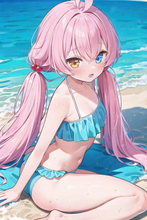 Hoshino summer, hair_bobbles, ahoge, heterochromia, hoshino takanashi, white frilled bikini, twintails, from side, beach