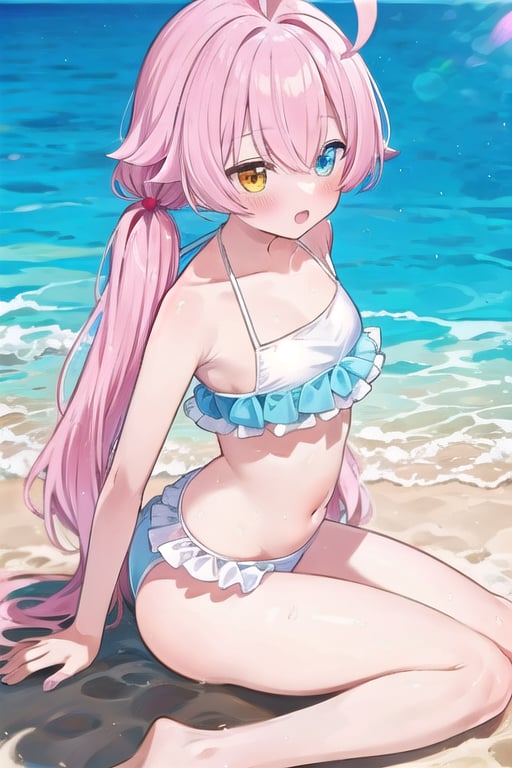 Hoshino summer, hair_bobbles, ahoge, heterochromia, hoshino takanashi, white frilled bikini, twintails, from side, beach