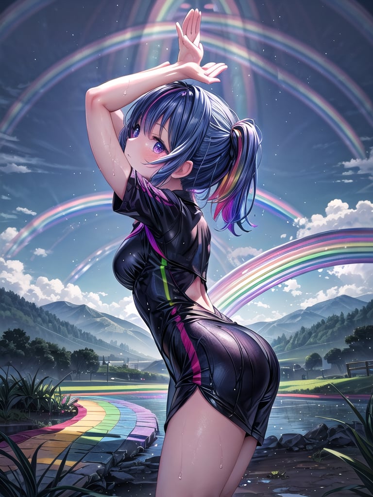 Score_9, score_8_up, view from behind (from behind:1.0) of a girl ((looking up at a single rainbow in the sky above her, with her arms stretched out wide on either side of her and slightly up in a Y-shaped pose, welcoming the rainbow)). In the background are cloudy skies and the ground around her is wet from a recent rain.,rainbowsky_background,better_hands,hyperrealistic,Anime art Style,dynamic pose