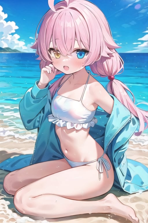 Hoshino summer, hair_bobbles, ahoge, heterochromia, hoshino takanashi, white frilled bikini, twintails, from side, beach, light blue jacket