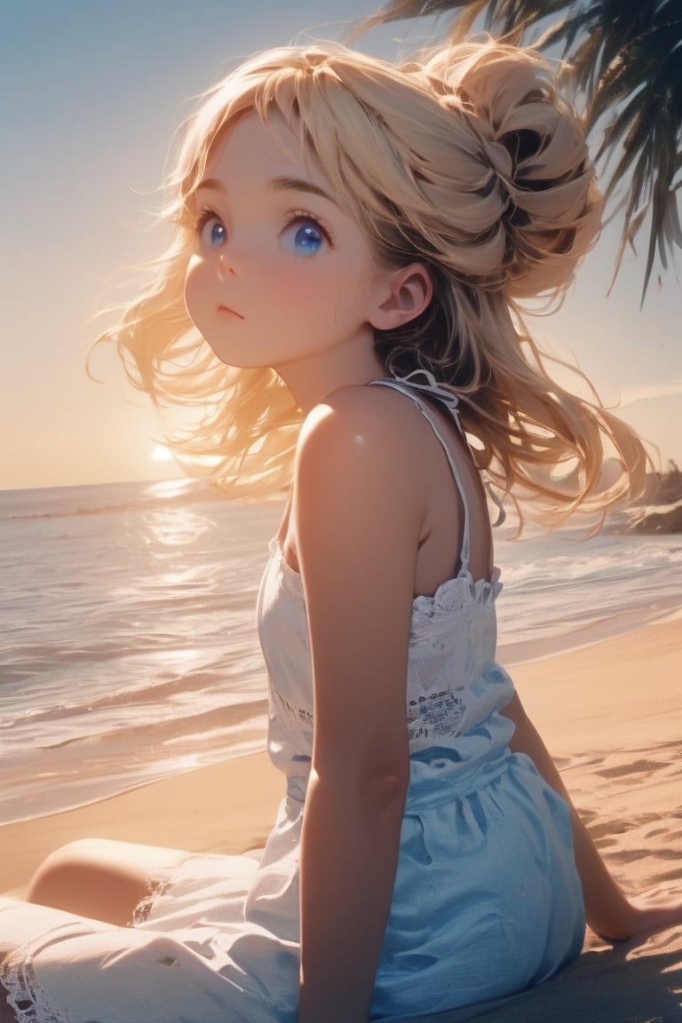 Masterpiece, beautiful and aesthetic, HDR, high contrast, raw photo, best quality, high contrast, (vibrant colors), (subdued colors), 1girl(21, American girl, Caucasian,sharp features, average frame, long dark sandy-blonde hair,blue eyes, cute full face, looking at the ocean with a serene expression, full cheeks, 80s hairdo, medium height, sundress),sitting on a cancun beach watching the sunset, summer , high-quality, digital photography, 8k, single light source ,cinematic lighting, ambient lighting, sidelight, exquisite details and textures, high details, detailed, texture mapping, more detailed, (lace tones:1.2),pastel tone