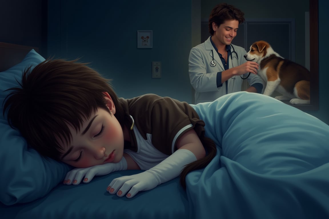 Here are two SD prompts:

**Prompt 1:**
In the bottom half of the image, A side view of a boy with tousled brown hair sleeping in his bed. Tucked up against him is his dog, a brown-and-white collie-husky mix. He looks peaceful and content as they both sleep soundly in the dark bedroom.
The bottom half of the image dissolves into the top half of the image, depicting the boys dream - the border is vaporous and fuzzy
**Prompt 2:**
In the top part of the image, as if in a dream A male veterinarian works in a clinic taking care of dogs, listening to the chest of a puppy with a stethoscope. He has brown hair and wears a white lab coat. He looks happy and content.