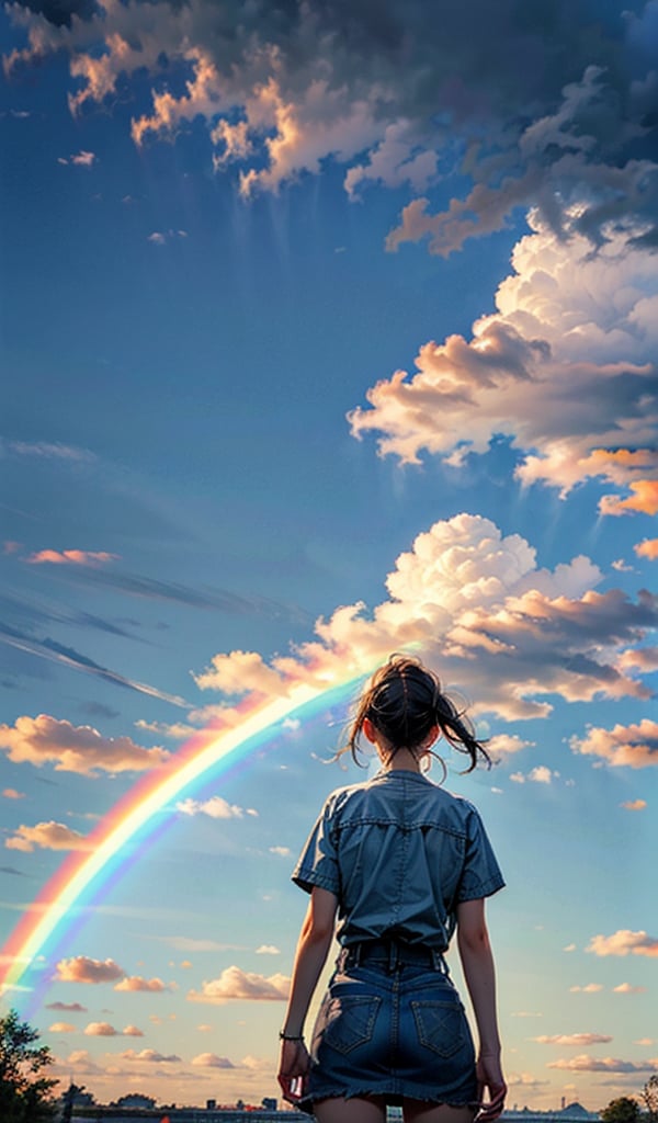 Score_9, score_8_up, view from behind (from behind:1.5) of a girl looking up at a single rainbow in the sky above her,  In the background are cloudy skies and the ground around her is wet from a recent rain.,rainbowsky_background