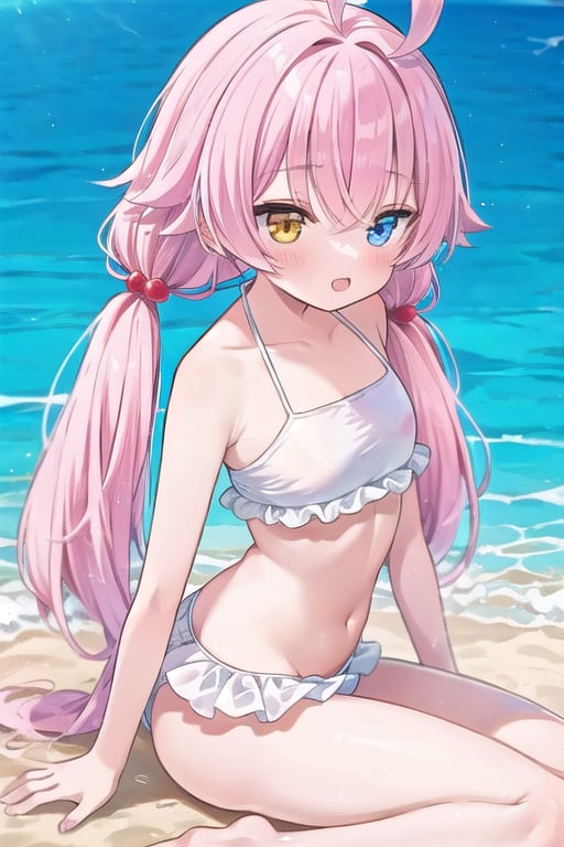 Hoshino summer, hair_bobbles, ahoge, heterochromia, hoshino takanashi, white frilled bikini, twintails, from side, beach