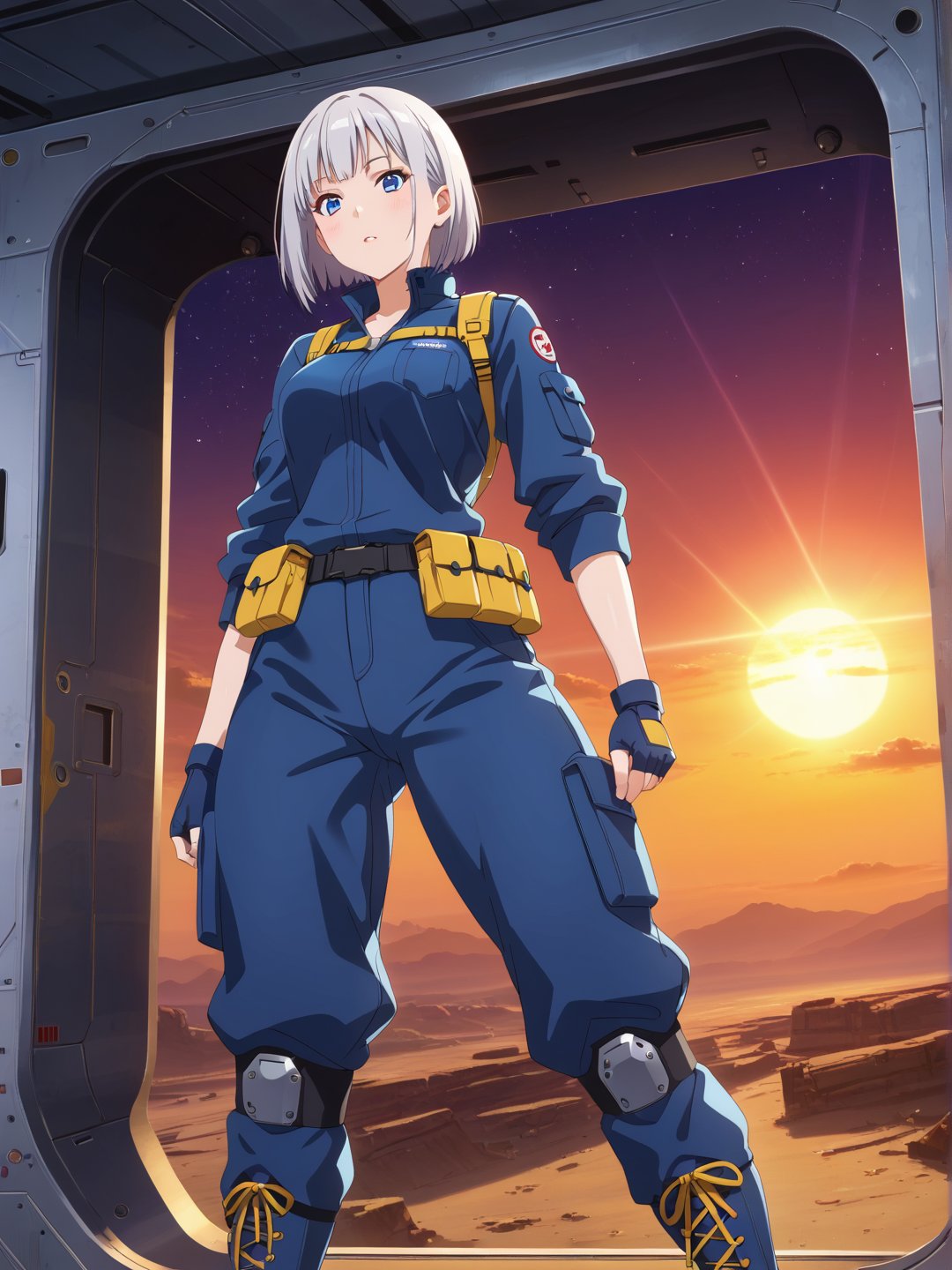 Short grey hair with a practical bob cut, Clear blue eyes that sparkle with curiosity, Healthy, sun-kissed skin from outdoor work. Athletic build, Wears a durable navy blue jumpsuit with multiple pockets, Steel-toed boots for safety, Often has a utility belt with various tools, Sometimes wears protective goggles on her head, A woman in a space maintenance uniform working on a spacecraft in a high-tech hangar