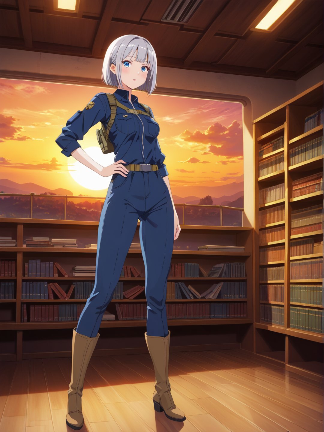 Short grey hair with a practical bob cut, Clear blue eyes that sparkle with curiosity, Healthy, sun-kissed skin from outdoor work. Athletic build, Wears a durable navy blue jumpsuit with multiple pockets, Steel-toed boots for safety, Often has a utility belt with various tools, Sometimes wears protective goggles on her head, A focused woman watching a space documentary in a public library