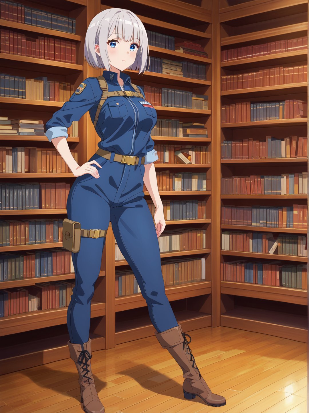 Short grey hair with a practical bob cut, Clear blue eyes that sparkle with curiosity, Healthy, sun-kissed skin from outdoor work. Athletic build, Wears a durable navy blue jumpsuit with multiple pockets, Steel-toed boots for safety, Often has a utility belt with various tools, Sometimes wears protective goggles on her head, A woman researching space exploration history in a library, surrounded by books