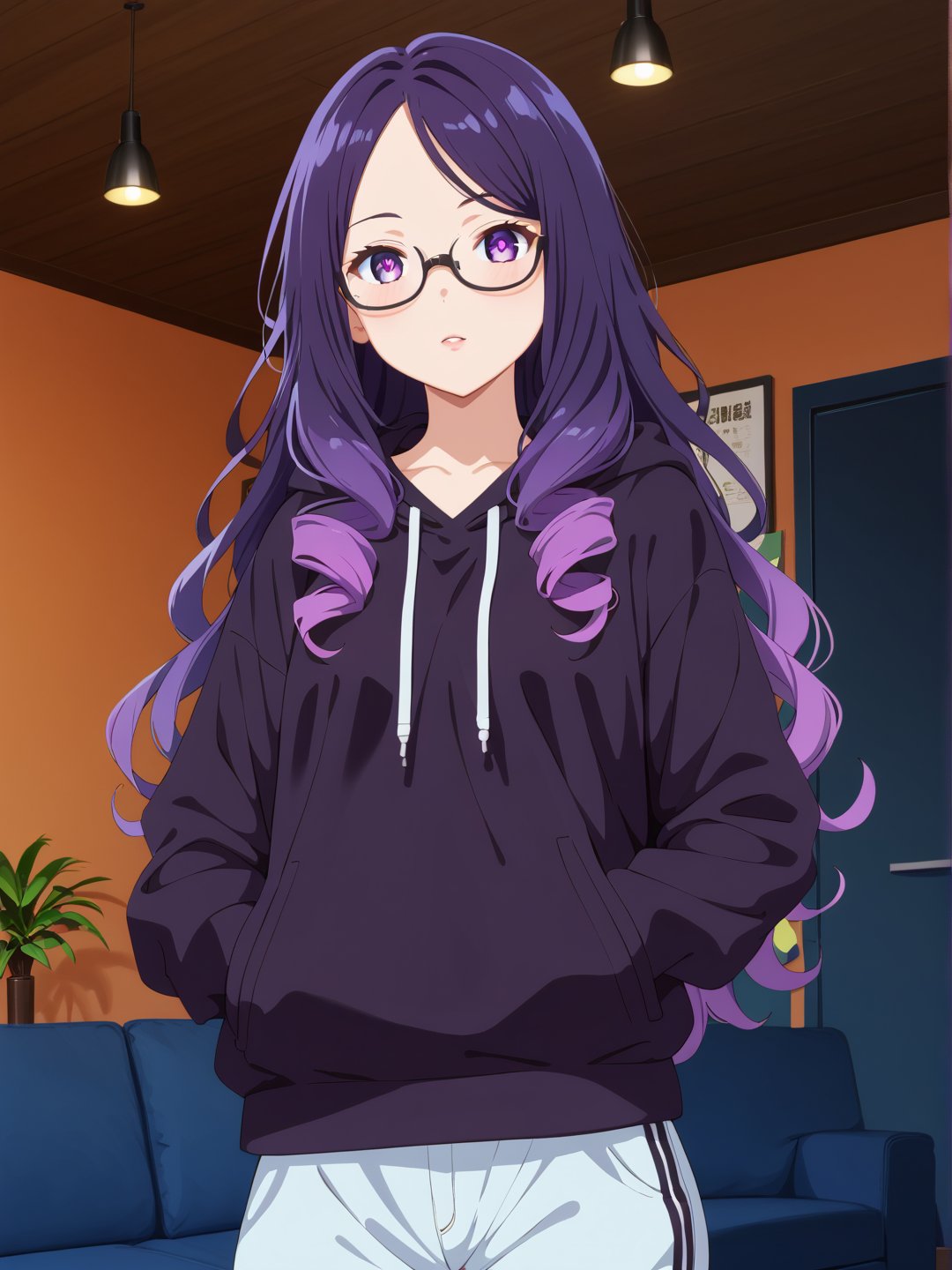 Long hair, purple eye, perm curly purple hair, large glasses, often seen focused and thoughtful. Casual attire, such as a comfortable hoodie, often paired with sneakers, often slightly messy. Sharp, alert eyes. Pale complexion from long hours indoors. Favors oversized hoodies in dark colors with tech-related designs or slogans. Wears comfortable cargo pants with many pockets. Always has multiple devices like smartwatches or AR glasses. A woman analyzing DCT programs on multiple screens in a high-security facility