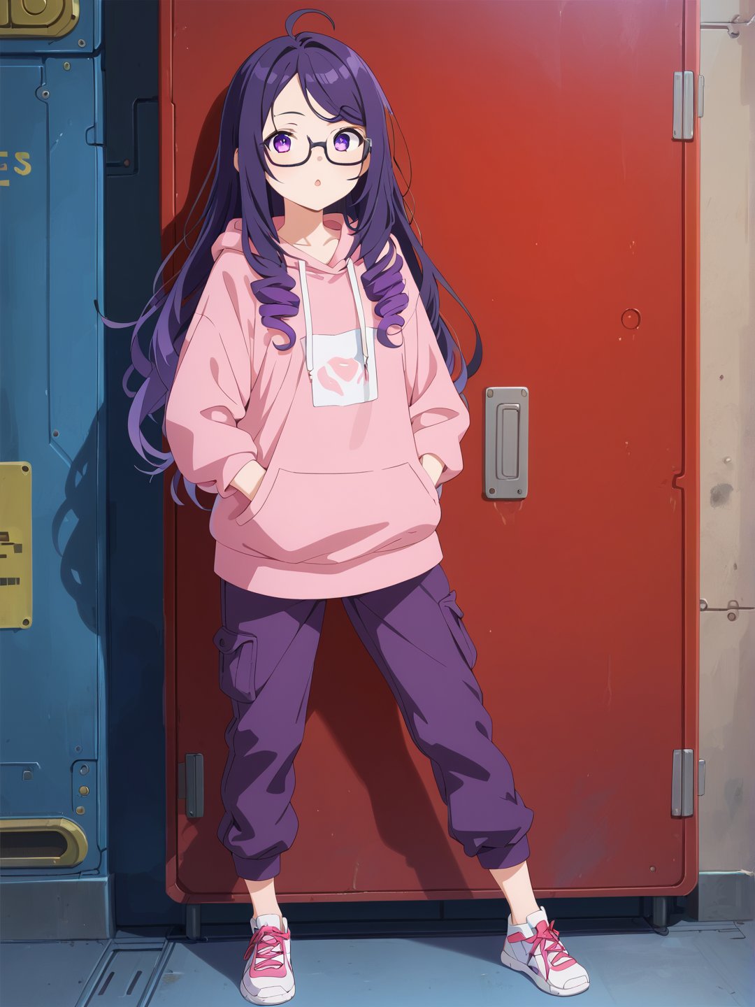 Long hair, purple eye, perm curly purple hair, large glasses, often seen focused and thoughtful. Casual attire, such as a comfortable hoodie, often paired with sneakers, often slightly messy. Sharp, alert eyes. Pale complexion from long hours indoors. Favors oversized hoodies in dark colors with tech-related designs or slogans. Wears comfortable cargo pants with many pockets. Always has multiple devices like smartwatches or AR glasses. A woman conducting quantum computing experiments in a futuristic tech den