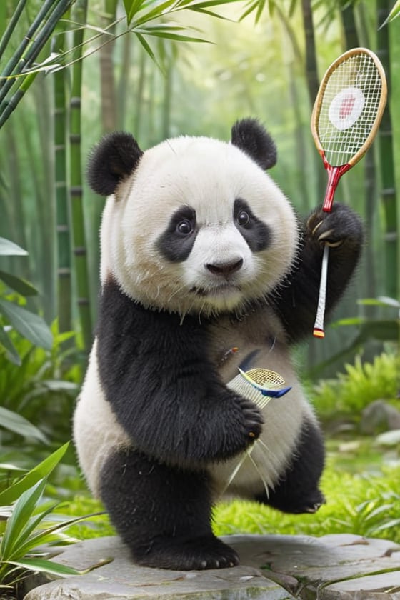 animal, no_human, panda, cute and adorable, happy and beautiful, cute detailed illustration expressing joy, wearing a Chinese Kung Fu costume, (Kung Fu costume), right hand is holding a badminton racket, badminton on racket face,  dynamic poses, bamboo forest background, fully dressed, tiny, cute scene, stunning, tiny detail, fluffy, 3D cartoon, Disney Pixar style.