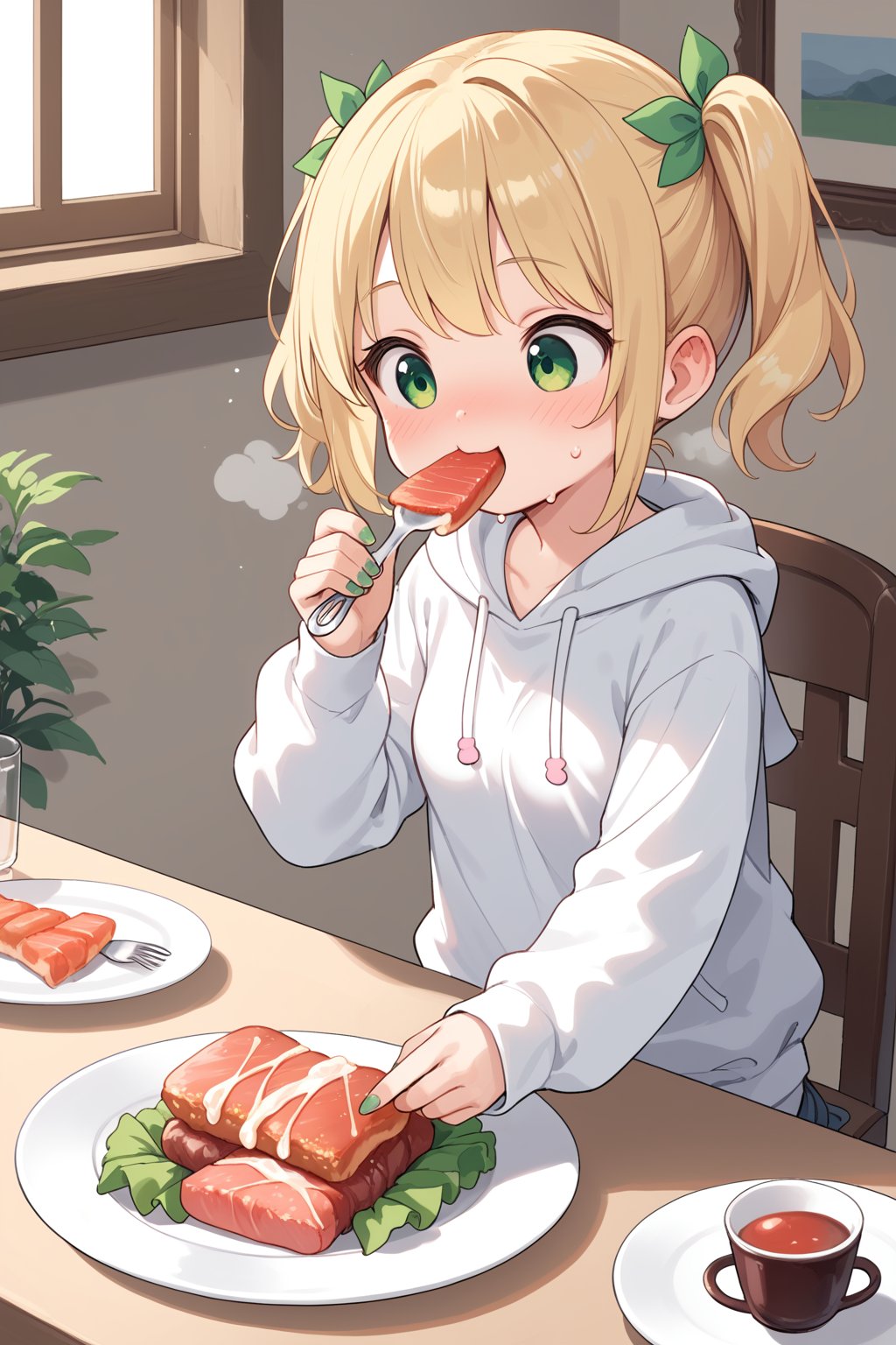 score_9, score_8_up, score_7_up, uncensored, 1girl, loli, cute, small breasts, blonde hair, twin tails, short hair, green eyes, cat hoodie, white shirt, happy, nose blush, sweaty, green nails, sitting, eating, indoors, steam, huge plate, meat, table, spoon, fork, holding fork, music node,