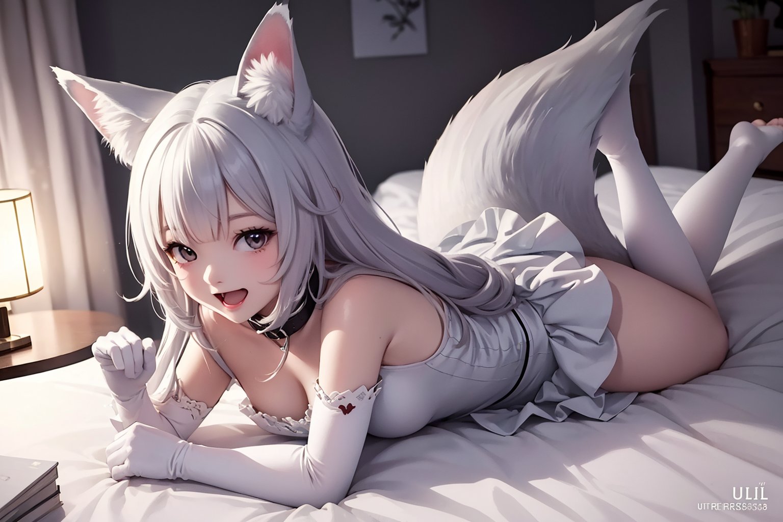 ((best quality)), ((masterpiece)) , ((ultra-detailed)), (illustration), 1girl, solo, loli, fox girl, fox ears, fox tail, dramatic lighting, dress, elbow gloves, tighhighs, collar, armpits, feet, laying on bed, happy, smile, open mouth, fang, bedroom, 