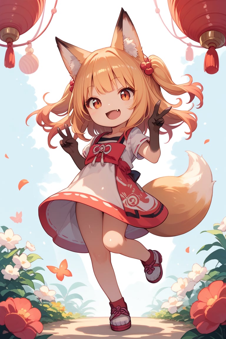 score_9, score_8_up, score_7_up, 1girl, solo, Loli, fox girl, fox ears, fox tail, peace sign, shiny skin, dress, happy, smile, fang, open mouth, full body,