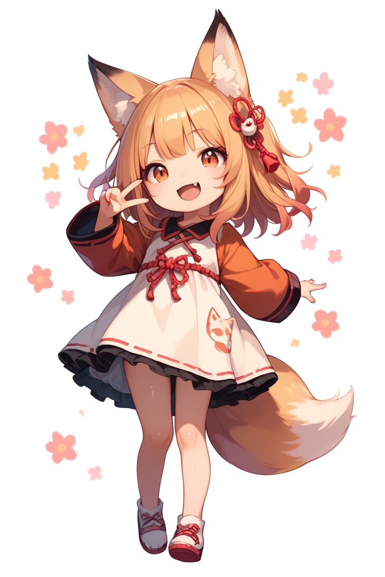 score_9, score_8_up, score_7_up, 1girl, solo, Loli, fox girl, fox ears, fox tail, peace sign, shiny skin, dress, happy, smile, fang, open mouth, full body,