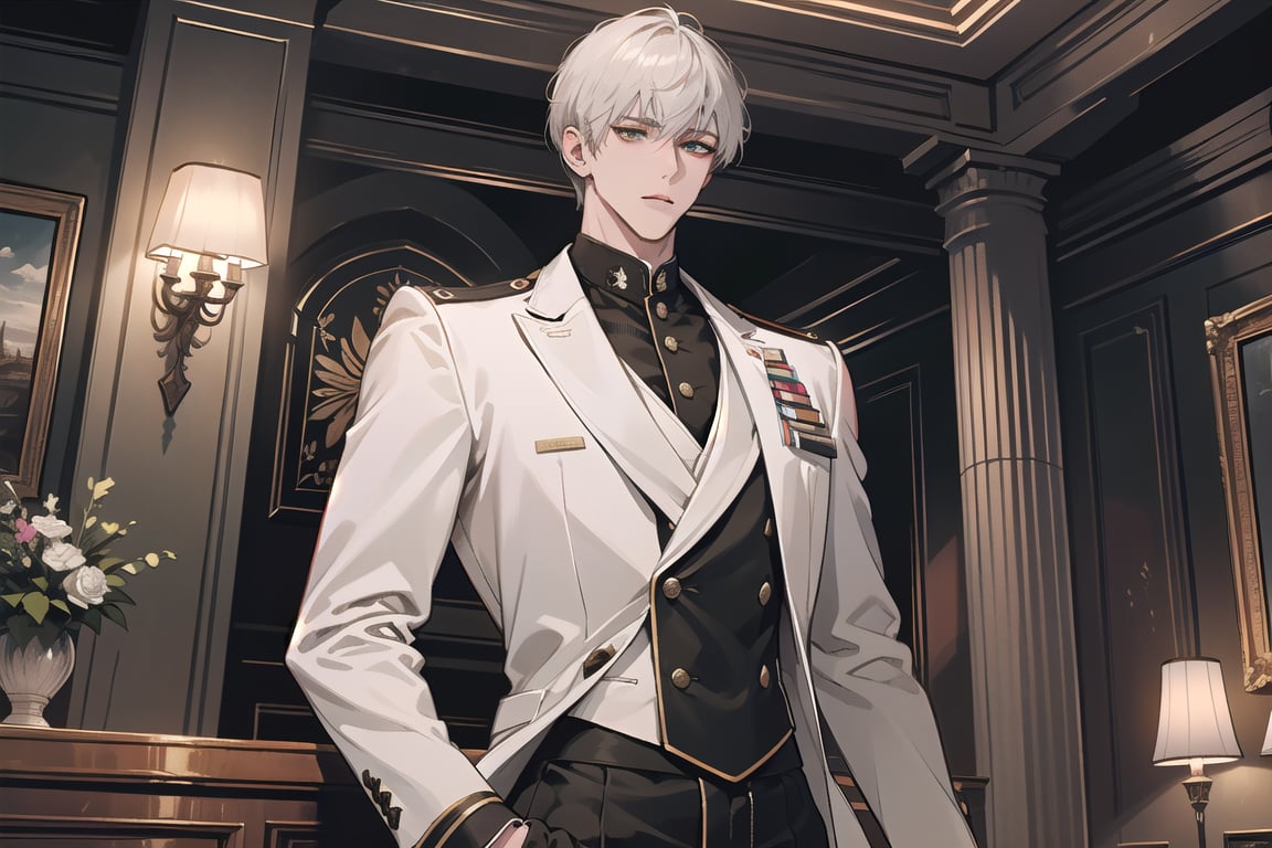 1 man, solo focus, ((white short hair)), green eyes, mature, ((thin:1.5)),(((slim figure:1.5))), (((narrow shoulders:1.5))), side-parting bangs, handsome, angular jaw, thick neck, military, soldier, army, (Three-piece Suit:1.3), long sleeve, by Raphael, masterpiece, upper body shot, magnificent indoor hall