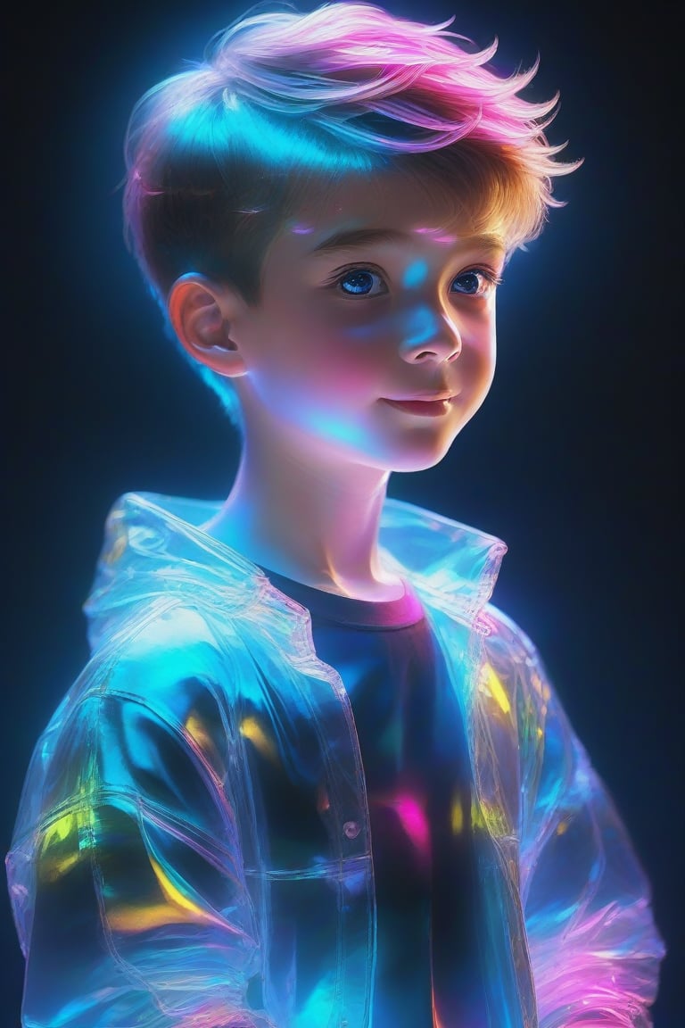 Ap0l0gr4ph1c, holographic, a boy, colorful, glowing, illumination, iridescent, photo \(object\), reflection, shadow, simple background, translucent