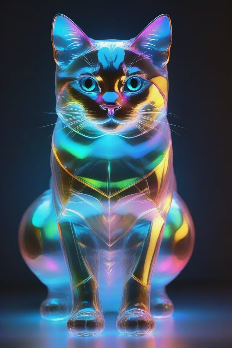 Ap0l0gr4ph1c, holographic, cat, colorful, glowing, illumination, iridescent, photo \(object\), reflection, shadow, simple background, translucent