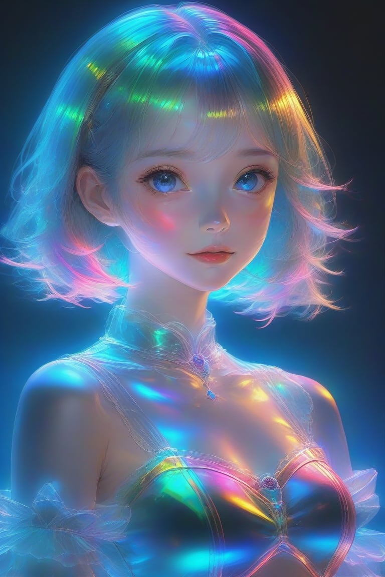 Ap0l0gr4ph1c, holographic, a girl, colorful, glowing, illumination, iridescent, photo \(object\), reflection, shadow, simple background, translucent