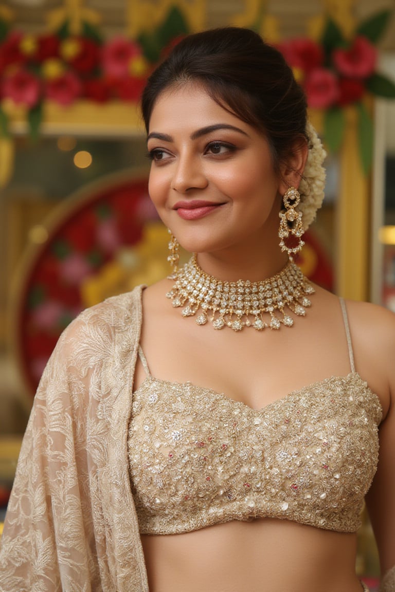 (Sharp focus, Ultra HD, ): A medium-close-up shot of Kajal Agarwal in a traditional Indian blouse, intricately embroidered with golden patterns. The blouse showcases her navel and midriff, accentuating her graceful curves with a delicate, shimmering dupatta draped loosely over one shoulder. Her jewelry glistens in the soft, golden sunlight, while her waist is adorned with a gold chain that adds a touch of elegance. She wears a gentle smile, her eyes full of warmth and poise. The background softly blurs with vibrant wedding decor, while the focus remains on her radiant beauty, emphasizing the intricate details of her outfit