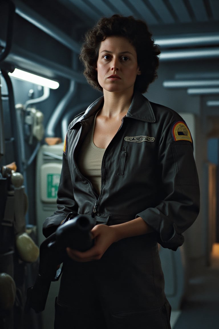 

A stunningly lifelike portrayal of Ellen Ripley from *Alien* (1979), captured in incredible photorealistic detail. She stands tall and powerful, wearing her iconic jumpsuit from the movie’s first half, though it’s subtly more fitted, accentuating her toned, athletic build. The suit clings just enough to reveal her slender waist, strong shoulders, and graceful curves, with a deep V-neck cut that hints at her femininity without compromising her strength. Her skin has a natural, makeup-free glow, a healthy, slightly sweaty sheen that adds realism and a touch of vulnerability amidst the tension.

Her dark, short, curly hair frames her face in soft, tousled waves, slightly damp and clinging to her forehead, adding to her rugged beauty. Her expression is captivating—a mix of determination, a hint of anger, and an alluring intensity in her eyes. She holds a gun confidently, with a poised, graceful stance that conveys both her skill and readiness. Her face and posture exude resilience, though there’s a touch of raw femininity, making her both formidable and captivating.

The lighting is brighter than usual for a sci-fi scene, casting a soft, even glow that highlights every detail of her skin’s natural texture, the beads of sweat on her brow, and the worn fabric of her jumpsuit. She stands against the industrial interior of the spaceship Nostromo, with metal grates, pipes, and emergency lights casting subtle reflections around her, adding depth and atmosphere. The brighter lighting enhances the gritty details while keeping the overall mood intense and suspenseful, creating an immersive, cinematic feel as though she’s preparing for a pivotal encounter.

