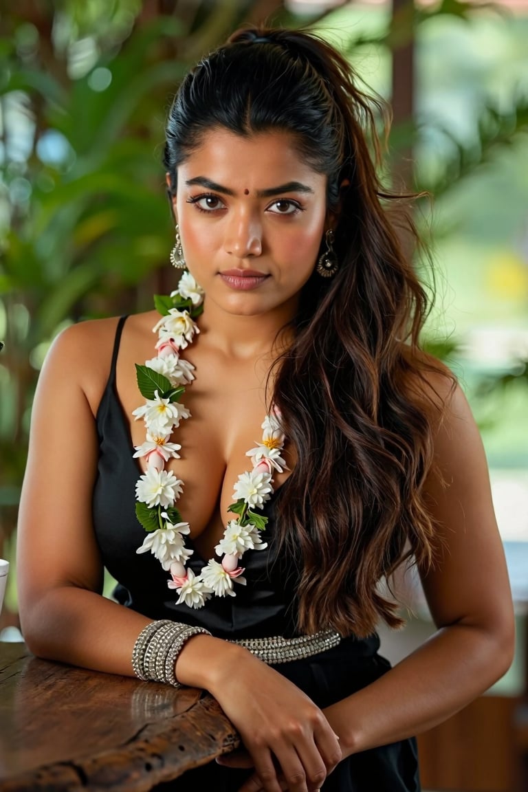  slight close-up  Full  body captured  photograph  of hot actress  [  rashmikamandanna ]  ( hot  woman , pale white complexion , tall  actress, wide palvis, toned extremely sexualized figure, erotically empathize  (( , wide fleshy palvis , fleshy  wide tall figure ))  toned   extremely hot figure   )  dressed in a black dress, adorned with silver bracelets and a white lei adorned with flowers. Her hair is pulled back in a ponytail, cascading over her left shoulder. She is reclining on a wooden table, her left hand resting on her hip. The backdrop is blurred, suggesting a natural setting. The woman's eyes are a piercing blue, adding a pop of color to the scene. [ focus on insanely detailed skin texture, photorealistic  ]