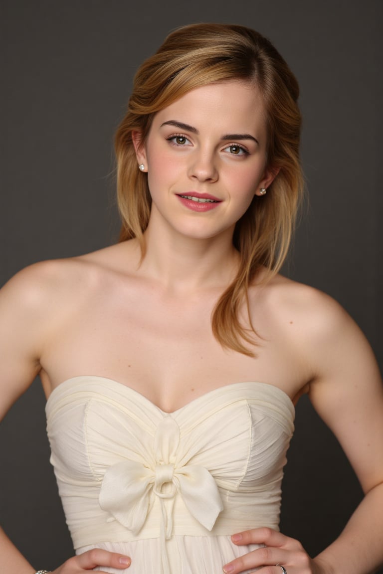 [ a  photo of hot Emma Watson   ] 

(  Her physique is incredibly  tall, sexy,well groomed . She has  super broad shoulders. Her skin is extremely pale white Her skin is healthy glowing and have a mature texture )

She is bit  mature and 45 years old 

The photo portrays a  woman with naturally flawless skin, free from any visible makeup, emphasizing her fresh and genuine beauty. Her skin has a soft, smooth texture, with a pale complexion that carries a healthy, even tone. Her hair is medium-length, a natural dark brown color, and slightly wavy, cascading down her shoulders. The hair is styled simply, with a part down the middle, showing minimal effort yet maintaining an elegant, effortless look.

A close-up shot of a blonde woman in a cream strapless strapless dress, adorned with white stripes and a white bow at the waist. Her hair is styled in a braided bun, and her eyes are adorned with blue eyes. She is wearing a silver ring, and a silver bracelet. 

The lighting in the photo is soft and even, likely natural light, which casts a gentle glow on her face without creating any harsh shadows. The subtle lighting highlights her natural features without adding artificial glamour. This photo feels like a candid or posed moment, taken in a controlled environment, giving it a highly photorealistic quality that captures her authentic, natural beauty.


[ no make-up ]

( Insanely detailed skin texture. Photorealistic. Depth of field. Make sure to make The Female Character  overly sexualized  )