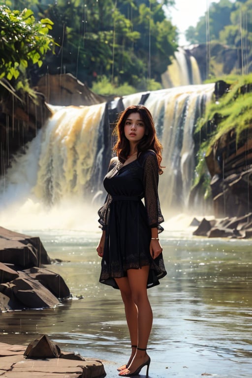 perfecteyes, photo of a indian milf standing in athirapally falls delhi, raining, romantic, ((( girl wearing dress))),dress,realistic,blouse,petticoat,SAM YANG