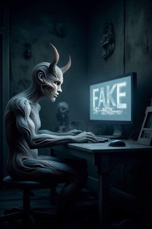 a human body with head made of text "FAKE" with devil horns, sitting down in front of a computer in a dark gloomy room.
