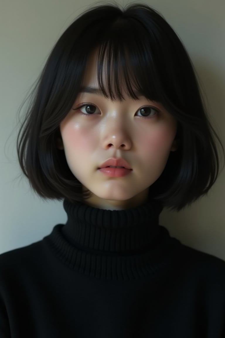 Raw photo. Sacred. Beloved. Pure, innocent, pure, 32 years old. Tattoo. Photorealistic portrait of a cute and pure Japanese girl with black bob hair. Kind. Emphasizing her innocence. She is wearing a black turtleneck sweater, which brings her features and facial expression into focus. The lighting is soft and natural, perfectly capturing her cuteness and purity without the distraction of the background. High resolution photo, soft focus lens, natural light, close-up composition, minimalist approach, attention to the texture and details of the sweater, highlighting her purity and innocence.