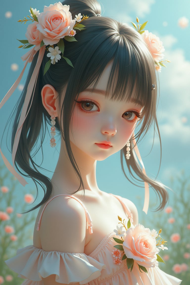 “A realistic painting of a doll-like beautiful girl with cybernetic enhancements, reminiscent of Tomoko Kawase’s style. The girl features delicate expressions, translucent skin with visible cybernetic enhancements beneath, and hair illuminated by light. Her cybernetic parts are elegantly integrated into her design, blending seamlessly with her human features. Her dress is fantastical and delicate, adorned with flowers and ribbons, suggesting a narrative. The background features soft, dream-like landscapes or colors that complement the doll-like figure, conveying a sense of purity and beauty mixed with a futuristic vibe.”