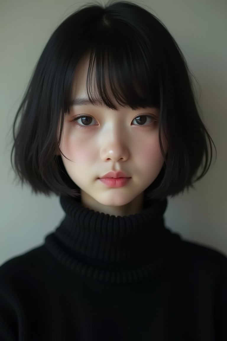 Raw photo. Sacred. Beloved. Pure, innocent, pure, 25 years old. Photorealistic portrait of a cute and pure Japanese girl with black bob hair. Kind. Emphasizing her innocence. She is wearing a black turtleneck sweater, which brings her features and facial expression into focus. The lighting is soft and natural, perfectly capturing her cuteness and purity without the distraction of the background. High resolution photo, soft focus lens, natural light, close-up composition, minimalist approach, attention to the texture and details of the sweater, highlighting her purity and innocence.