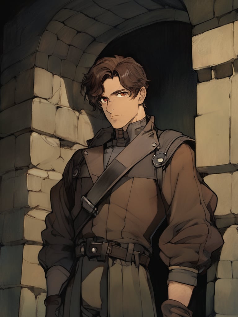 score_9, A Serious male robber human with Brown eyes, Brown hair, Normal skin, art by Gerald Brom and studio ghibli in a dungeon
