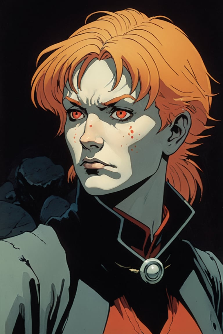 art by Mike Mignola and Moebius: A Frowning female wizard in a dungeon, Small Eyes,  
Facial Scar,SerVic, orange hair, short hair, red eyes, hair between eyes,