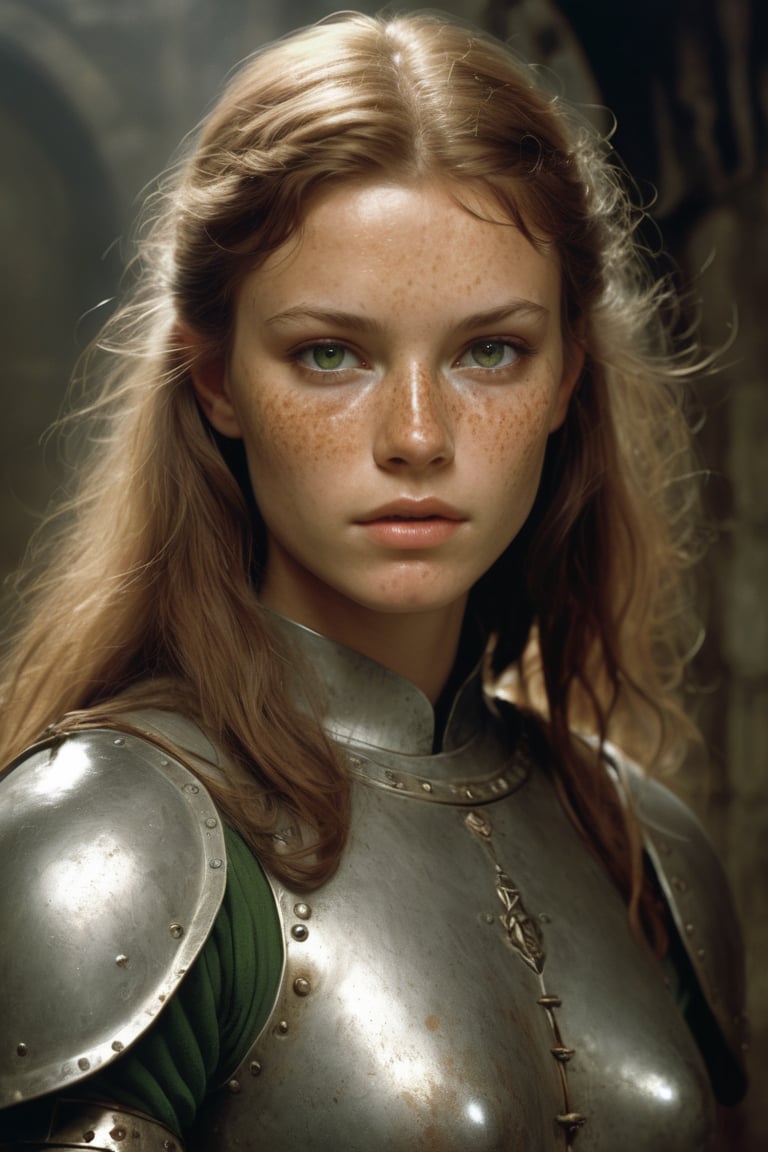 art by david hamilton and jock sturges, An Aloof female armored cleric human with Tanned skin, Freckles, Narrow Eyes, Green eyes, Brown hair, in a dungeon
