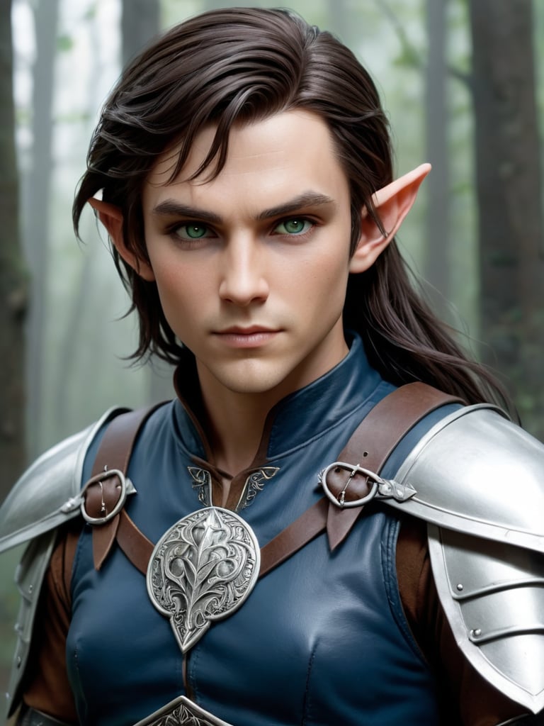 score_9, half-elf fighter, {leather|hard leather}, strong and slender, sharp features, fine features, white skin, {black|brown} hair, grey eyes. well-made clothing, subtly decorated. Dark blue, Dark green, grey, green-grey, siver, white
  