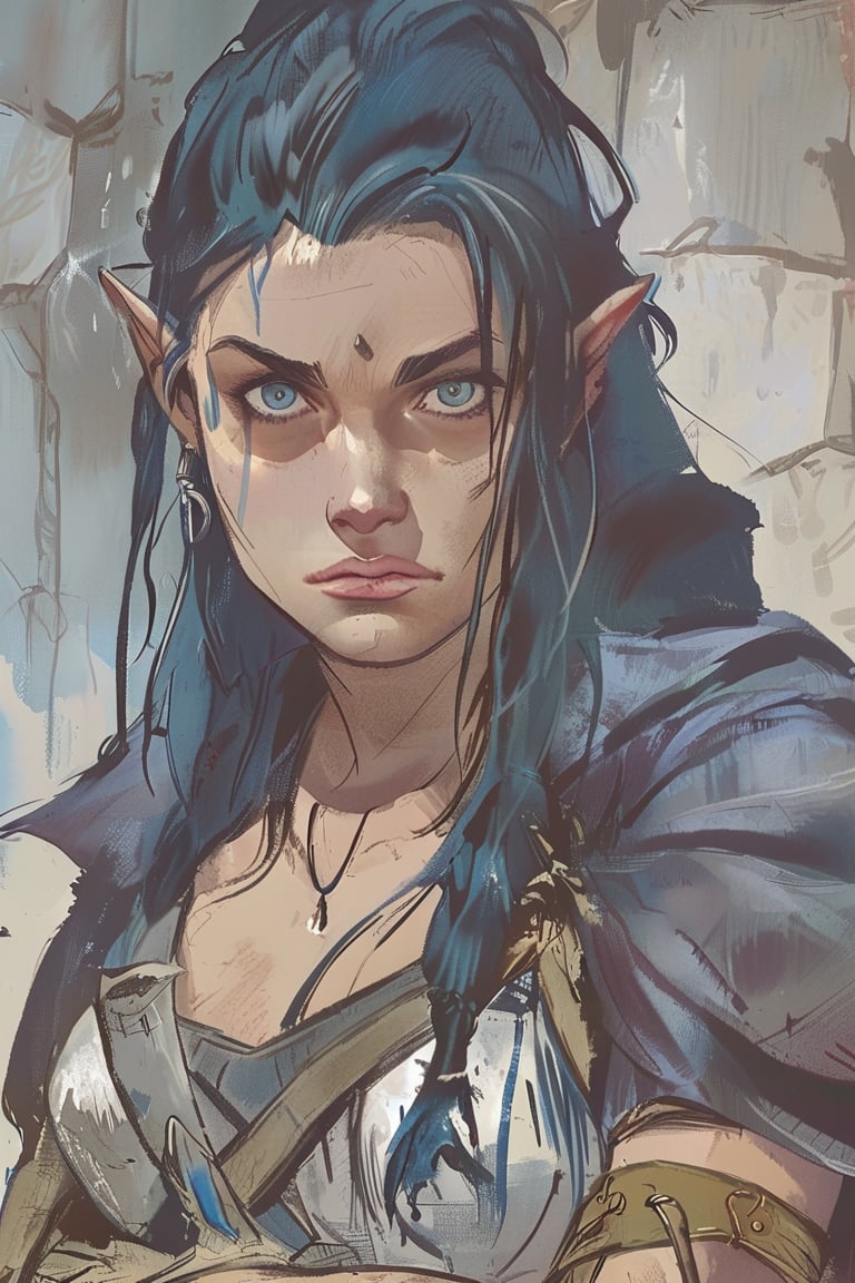 score_9, A Frowning female warrior half-elf with Dark Grey eyes, Blue-Black hair, Normal skin, Small Eyes, and Large Teeth, art by luis royo and bill sienkiewicz in a dungeon

