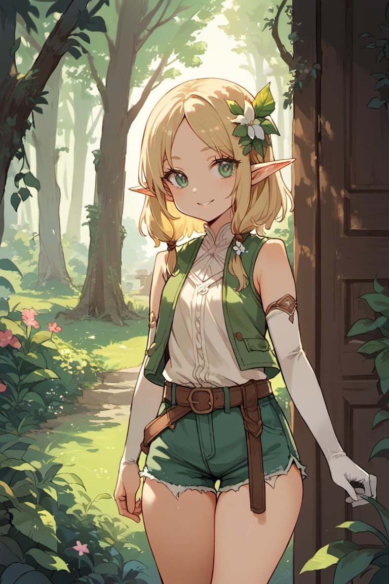 score_9, score_8_up, score_7_up, source_anime, theme: fantasy, 1girl, solo, loli, elf, pointy ears, blone hair, flower hair ornament, smile, vest, sleeveless, elbow gloves, shorts, belt, oitdoors, forrest, lush, greenery, 