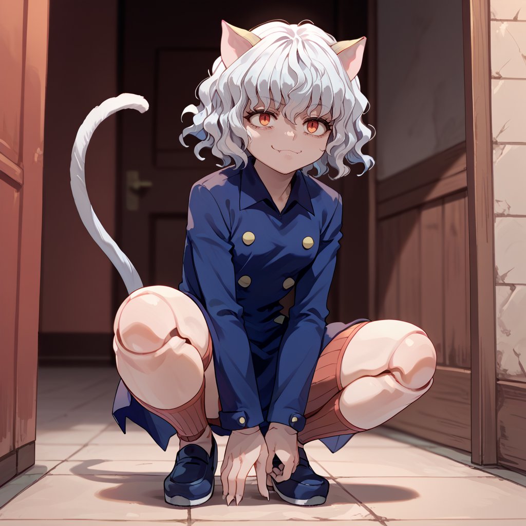 score_9, score_8_up, score_7_up, source_anime, 1girl, hxhpitou, narrowed eyes, smug, white hair, short hair, wavy hair, cat ears, cat tail, squatting, ready to pounce, doll joints