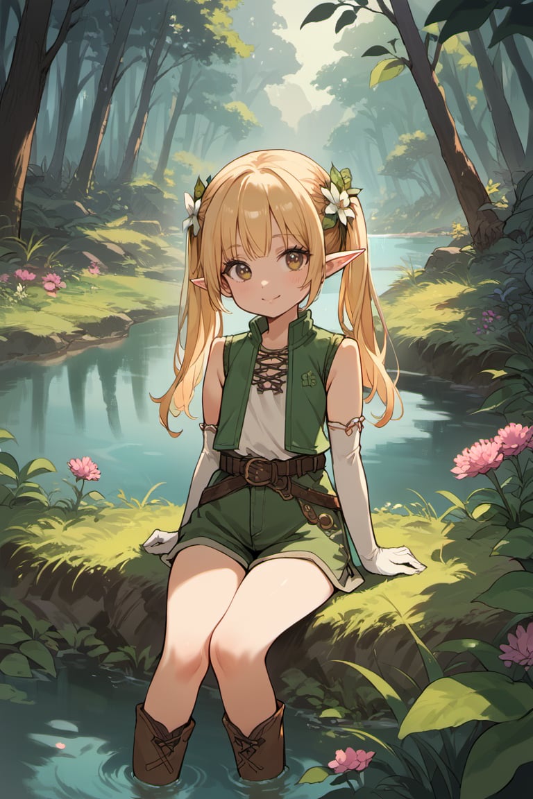 score_9, score_8_up, score_7_up, source_anime, theme: fantasy, 1girl, solo, child, twintails, long hair, elf, pointy ears, blone hair, flower hair ornament, smile, sitting, vest, sleeveless, elbow gloves, shorts, belt, outdoor, forrest, lush, greenery, lake,