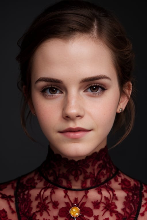 hyperrealistic photo of Emma Watson in a fashion photoshoot, wearing a vibrant red haute couture dress with lace and gemstone details. She has dramatic makeup, with intense red lips, black eyeliner, and long lashes. The image is fashion-forward, with professional lighting and a modern, minimalist background.