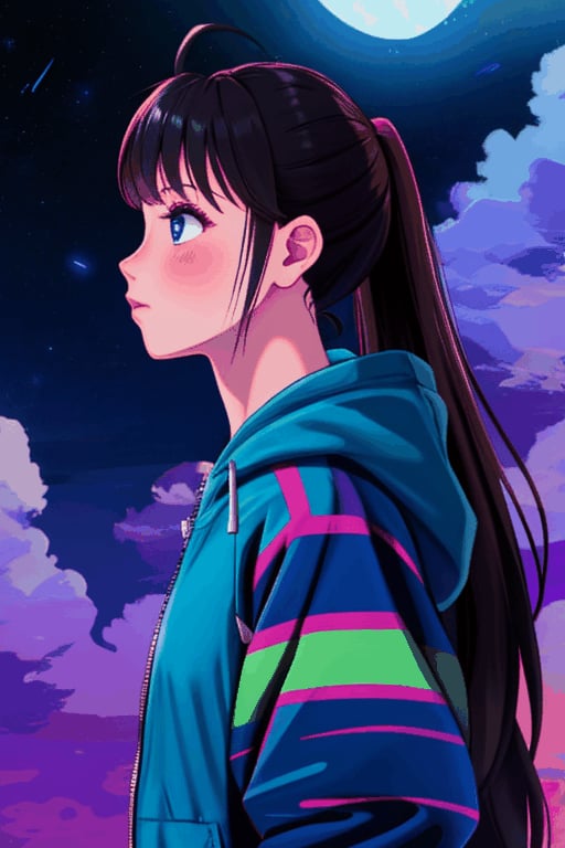 1girl, solo, blush, bangs, blue eyes, black hair, long sleeves, jacket, upper body, ponytail, ahoge, outdoors, sky, cloud, hood, from side, hoodie, profile, night, moon, hood down, looking up, blue jacket, star \(sky\), night sky, full moon, starry sky, crescent moon, planet