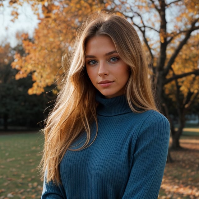 A stunning 18-year-old Russian beauty, honey blonde highlights hair, with piercing blue eyes and a radiant smile, captured in hyper-realistic detail. The image quality is so crisp and clear, it's like you can reach out and touch her,   She is wearing a fitted, black, crew-neck sweater with a ribbed texture. The setting is outdoors with a backdrop of autumn trees, bathed in the warm, soft glow of late afternoon light."