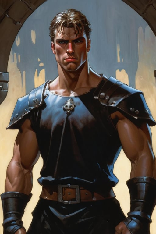 An Angry male armored fighter human with Blue eyes, Brown hair, Tanned skin, and Large Nose, art by Angus McBride and Frank Miller in a dungeon
