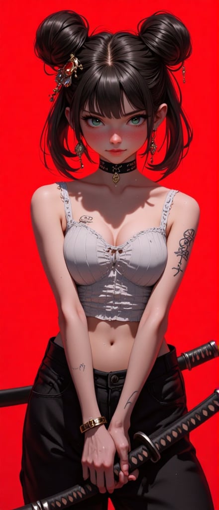 1girl, solo, looking at viewer, black hair, hair ornament, holding, jewelry, upper body, weapon, earrings, choker, midriff, sword, hair bun, holding weapon, crop top, double bun, tattoo, holding sword, katana, sheath, red background, freckles, arm tattoo